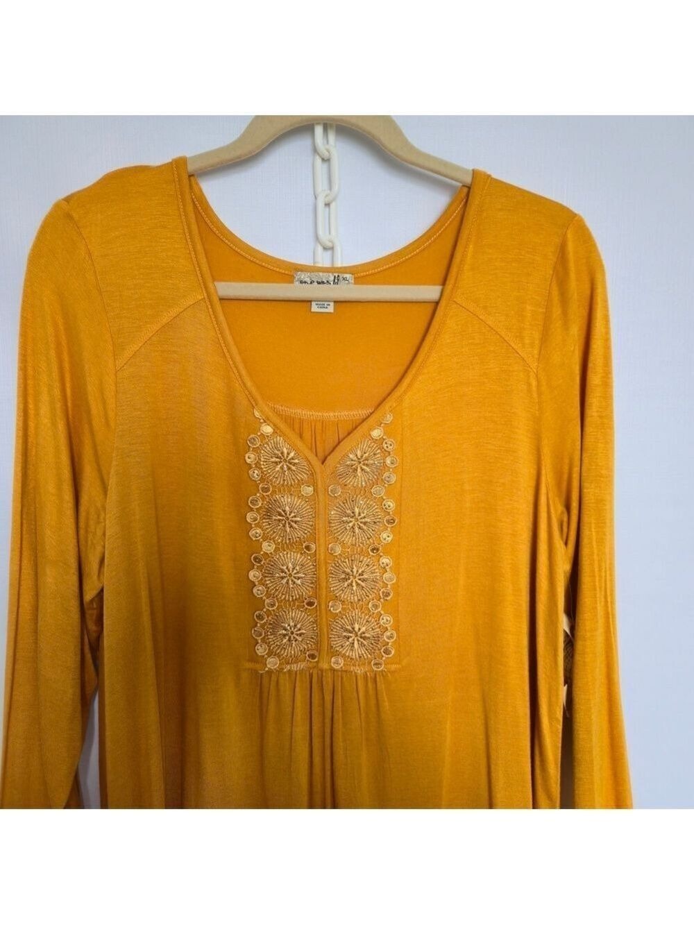 ONE WORLD TUNIC TOP WOMENS GOLD MUSTARD YELLOW EMBROIDERED SIZE XL NWT - Picture 4 of 10